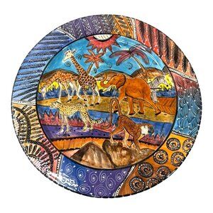 Penzo Zimbabwe African Safari Dinner Plate 11” Elephant Zebra Giraffe Signed